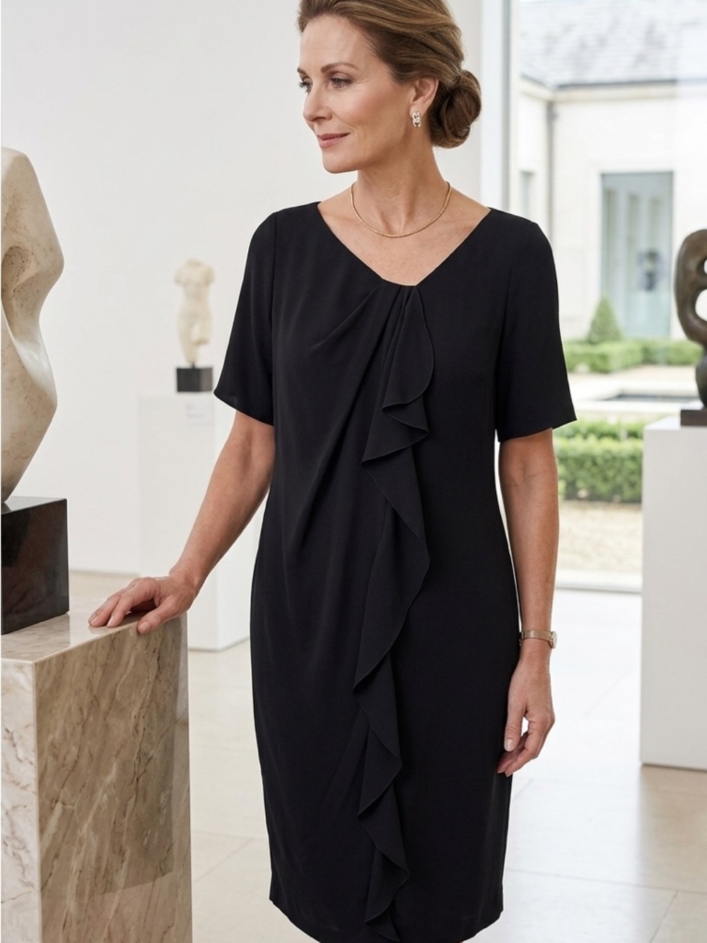 Piazza Sempione Black Ruffle-Front Midi Dress